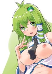 Rule 34 | 1girl, antenna hair, black necktie, blush, breasts, breasts out, breath, collared shirt, commentary request, dated, detached sleeves, frog hair ornament, green background, green eyes, green hair, hair between eyes, hair ornament, kei jiei, kochiya sanae, large breasts, long hair, looking at viewer, navel, necktie, nipples, no bra, open mouth, saliva, shirt, sidelocks, single hair tube, sleeveless, sleeveless shirt, smile, snake hair ornament, solo, touhou, upper body, white background, white shirt, white sleeves