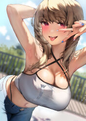 Rule 34 | 1girl, arm behind head, armpits, arms up, bare shoulders, blue nails, blurry, blurry background, breasts, brown hair, camisole, cleavage, collarbone, cowboy shot, criss-cross halter, crop top, denim, dutch angle, fake nails, fingernails, hair over shoulder, halterneck, highres, inushima, jeans, jewelry, large breasts, leaning forward, long fingernails, long hair, looking at viewer, midriff, navel, open mouth, original, outdoors, pants, panty straps, piercing, pink eyes, red eyes, ring, shirt, smile, solo, taut clothes, taut shirt, tongue, tongue out, tongue piercing, v, white camisole