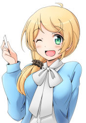 Rule 34 | 1girl, blonde hair, blue coat, blue jacket, blush, breasts, bulbonne, chalk, coat, ellen baker, green eyes, hair ornament, hair scrunchie, jacket, large breasts, long hair, looking at viewer, low ponytail, new horizon, one eye closed, open mouth, ponytail, scrunchie, shirt, smile, solo, white shirt
