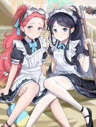 Rule 34 | 2girls, absurdres, apron, aris (blue archive), aris (maid) (blue archive), black footwear, black hair, blue archive, blue eyes, closed mouth, commentary, english commentary, highres, holding, indoors, loafers, long hair, looking at viewer, maid, maid apron, maid headdress, multiple girls, nuebunny, official alternate costume, pantyhose, pink hair, ponytail, puffy short sleeves, puffy sleeves, shoes, short sleeves, sitting, smile, white apron, white pantyhose, yuzu (blue archive), yuzu (maid) (blue archive)