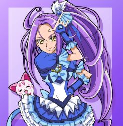 Rule 34 | 10s, 1girl, \m/, ^ ^, bad id, bad pixiv id, blue skirt, brooch, cat, closed eyes, cure beat, dress, earrings, eyelashes, closed eyes, frills, fukushima masaru, hair ornament, hairpin, hand on own hip, heart, hip focus, hummy (suite precure), jewelry, kurokawa eren, long hair, magical girl, precure, purple hair, ribbon, seiren (suite precure), side ponytail, skirt, smile, suite precure, yellow eyes