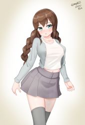 Rule 34 | 1girl, absurdres, alternate costume, braid, brown hair, cowboy shot, dated, gradient background, green eyes, grey jacket, grey shirt, grey thighhighs, highres, jacket, kantai collection, maru (marg0613), noshiro (kancolle), one-hour drawing challenge, shirt, solo, swept bangs, thighhighs, twin braids, twitter username, white background, white shirt