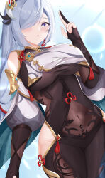 Rule 34 | 1girl, absurdres, black gloves, blue eyes, blush, bodysuit, braid, breasts, brown bodysuit, clothing cutout, covered navel, elbow gloves, genshin impact, gloves, hair ornament, hair over one eye, highres, hip vent, kuro (blackpgmickey), large breasts, long hair, long sleeves, looking at viewer, low-braided long hair, low-tied long hair, partially fingerless gloves, puffy long sleeves, puffy sleeves, shenhe (genshin impact), shoulder cutout, solo, tabard, tassel, thighs, very long hair, white hair