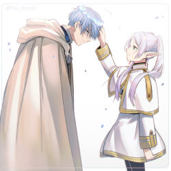 Rule 34 | 1boy, 1girl, aki (neyuki41028), blue flower, blue hair, cloak, commentary request, earrings, facing another, falling petals, flower, flower wreath, frieren, from side, green eyes, head wreath, height difference, himmel (sousou no frieren), hood, hooded cloak, jewelry, long hair, looking at another, pale skin, petals, pointy ears, profile, sad smile, short hair, smile, sousou no frieren, twintails, twitter username, upper body, white background