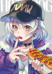 Rule 34 | 1girl, baseball cap, black choker, black hat, black nails, blush, brown eyes, choker, commentary request, ear piercing, fang, fingernails, food, food on hand, fur-trimmed jacket, fur trim, grey background, hair between eyes, hat, highres, holding, holding food, hot dog, jacket, jewelry, ketchup, long fingernails, long sleeves, looking at viewer, mustard, nail polish, necklace, open clothes, open jacket, open mouth, original, piercing, purple jacket, sausage, short hair, skin fang, sleeves past wrists, solo, suzaku (zaku6584), text background, tongue, tongue out, upper body, white hair