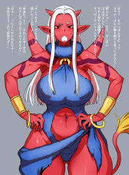 Rule 34 | 1girl, armlet, blush, bobobo, breasts, center opening, colored skin, dragon quest, dragon quest x, fang, fur, hands on own hips, hip focus, horns, huge breasts, jewelry, long hair, markings, midriff, navel, nipples, o-ring, o-ring top, ogre (dq10), open mouth, pointy ears, puffy nipples, red eyes, red skin, scarf, sketch, solo, spikes, sweatdrop, tail, translated, tsundere, white hair, wide hips
