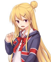 Rule 34 | 1girl, blonde hair, blue jacket, bow, bowtie, commentary request, hair bun, hair ornament, hairclip, half updo, hand up, holding, holding hair, hood, hooded jacket, jacket, kin-iro mosaic, kujou karen, long hair, long sleeves, looking at viewer, miyo (ranthath), open clothes, open jacket, open mouth, purple eyes, red bow, red bowtie, shirt, sidelocks, simple background, single hair bun, smile, solo, union jack, upper body, very long hair, white background, white shirt, wing collar