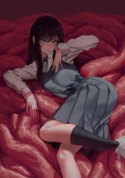 Rule 34 | 1girl, absurdres, belt, belt buckle, black belt, black hair, black socks, blood, blood on face, buckle, chainsaw man, collared shirt, danaid ianad, dress, facial scar, feet out of frame, from above, grey dress, hand on own chest, highres, intestines, long hair, long sleeves, looking at viewer, lying, neck ribbon, on side, pinafore dress, ribbon, ringed eyes, scar, scar on cheek, scar on face, school uniform, shade, shirt, shoes, sleeveless, sleeveless dress, smile, sneakers, socks, solo, white footwear, white shirt, yellow eyes, yoru (chainsaw man)