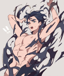 Rule 34 | !, !!, 1boy, abs, black hair, blue eyes, blue hair, damaged, exploding clothes, jojo no kimyou na bouken, jonathan joestar, male focus, muscular, muscular male, pectorals, phantom blood, solo, surprised, torn clothes, upper body, wince