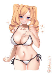 Rule 34 | 1girl, bikini, blonde hair, blue eyes, blush, breasts, cleavage, clenched hand, collarbone, cowboy shot, drill hair, ebifurya, halterneck, hand on own chest, highres, honolulu (kancolle), kantai collection, large breasts, light blush, long hair, navel, side-tie bikini bottom, simple background, smile, solo, sparkle, stomach, string bikini, swimsuit, twin drills, twitter username, white background, white bikini