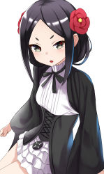 Rule 34 | 10s, 1girl, absurdres, annoyed, black hair, bow, bowtie, flower, frilled skirt, frills, hair flower, hair ornament, highres, hikimayu, looking at viewer, miniskirt, princess principal, short hair, skirt, solo, templus, toudou chise, underbust, white background, wide sleeves