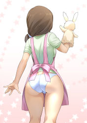 Rule 34 | 1girl, apron, arm up, ass, brown hair, commentary request, from behind, hand puppet, idolmaster, idolmaster cinderella girls, long hair, mitarashi kousei, mochida arisa, no pants, panties, pink apron, ponytail, puppet, shirt, short sleeves, simple background, solo, t-shirt, thighs, underwear, white background, white panties, white shirt