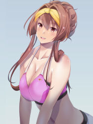Rule 34 | 1girl, :d, alternate costume, alternate hairstyle, breasts, brown eyes, brown hair, cherry blossoms, cleavage, collarbone, commentary, flower, hair between eyes, hair bun, hair flower, hair ornament, hairband, highres, kantai collection, large breasts, long hair, looking at viewer, map (blue catty), open mouth, pink sports bra, ponytail, simple background, smile, solo, sports bra, symbol-only commentary, teeth, upper teeth only, yamato (kancolle), yellow hairband