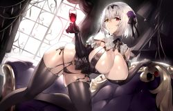 Rule 34 | 1girl, absurdres, artist request, black gloves, black panties, black thighhighs, borrowed character, breasts, cleavage, commission, copyright request, corset, couch, cup, drinking glass, garter straps, gloves, heterochromia, highres, indoors, large breasts, panties, parted bangs, parted lips, red eyes, second-party source, silver hair, solo, tagme, teeth, thighhighs, underwear, window, wine glass