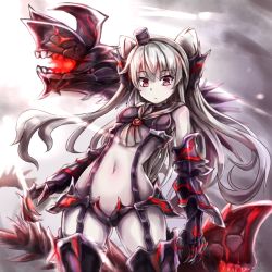 Rule 34 | 10s, 1girl, abyssal ship, amatsukaze (kancolle), bare shoulders, black panties, black thighhighs, dark persona, elbow gloves, garter straps, gloves, glowing, hair ornament, kantai collection, long hair, metal gloves, midriff, navel, neckerchief, panties, pink eyes, silver hair, solo, sumapan, suspenders, thighhighs, two side up, underwear, very long hair