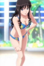 Rule 34 | 1girl, amagami, bikini, black hair, blue eyes, breasts, cleavage, hand on own hip, highres, hip focus, jpeg artifacts, large breasts, leaning forward, legs, long hair, morishima haruka, non-web source, screencap, solo, stitched, swimsuit, third-party edit