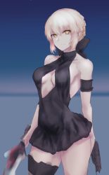 Rule 34 | 1girl, artoria pendragon (alter swimsuit rider) (fate), artoria pendragon (alter swimsuit rider) (first ascension) (fate), artoria pendragon (fate), bare shoulders, black one-piece swimsuit, blonde hair, breasts, bridal garter, cleavage, fate/grand order, fate (series), highres, hometa, looking at viewer, medium breasts, one-piece swimsuit, sideboob, sketch, solo, standing, swimsuit, yellow eyes