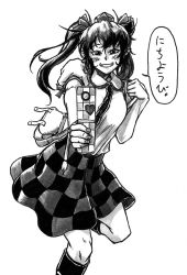 Rule 34 | 1girl, aiming, aiming at viewer, bag, blush, breasts, cellphone, checkered clothes, checkered skirt, greyscale, grin, handbag, hat, heart, himekaidou hatate, koyubi (littlefinger1988), large breasts, leg up, looking at viewer, monochrome, phone, short sleeves, skirt, smile, solo, tokin hat, touhou, twintails