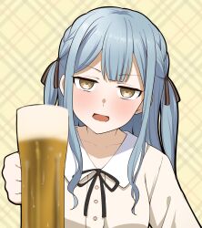 1girl alcohol bang_dream! bang_dream!_it&#039;s_mygo!!!!! barkhorn0331 beer black_ribbon blue_hair brown_eyes brown_shirt drink drunk highres holding holding_drink jitome long_hair looking_at_viewer neck_ribbon open_mouth portrait ribbon shirt solo togawa_sakiko two_side_up