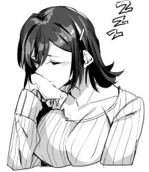 Rule 34 | 1girl, alternate hairstyle, asakawa (outeq), blush, breasts, closed mouth, collarbone, cropped torso, elbow rest, closed eyes, greyscale, hair down, hair ornament, hairclip, kantai collection, long hair, monochrome, ribbed sweater, simple background, sleeping, sleeping upright, solo, souryuu (kancolle), sweater, white background, zzz
