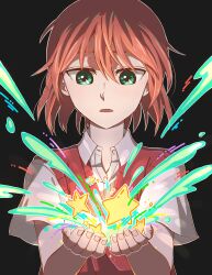Rule 34 | 1girl, absurdres, collared shirt, commentary request, delfuze, expressionless, green eyes, hands up, hatori chise, highres, magic, mahou tsukai no yome, medium hair, open mouth, red hair, shirt, short sleeves, solo, star (symbol), sweater, upper body