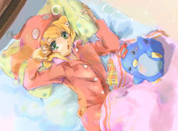 Rule 34 | 1girl, blanket, blonde hair, cabbie hat, commentary request, dinef, female focus, green eyes, hat, highres, long hair, looking at viewer, mega man (series), mega man legends (series), open mouth, pillow, red hat, roll caskett (mega man), sleepwear, solo