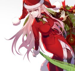 Rule 34 | 1girl, ammunition belt, bow, bowtie, breasts, csyday, dress, fate/grand order, fate (series), florence nightingale (fate), florence nightingale (santa) (fate), front slit, hat, highres, large breasts, long hair, pantyhose, pink eyes, pink hair, santa hat, solo