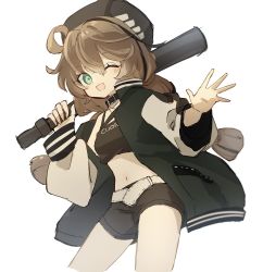 Rule 34 | 1girl, ;d, ahoge, arknights, baseball bat, belt, belt buckle, black hat, black shorts, braid, brown hair, buckle, commentary request, crop top, cropped legs, cuora (arknights), green eyes, green jacket, hair between eyes, hat, highres, holding, holding baseball bat, jacket, long hair, long sleeves, looking at viewer, metal baseball bat, mgmg cc211, midriff, navel, one eye closed, open clothes, open jacket, open mouth, puffy long sleeves, puffy sleeves, short shorts, shorts, simple background, sleeves past wrists, smile, solo, twin braids, very long hair, white background, white belt