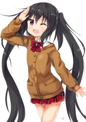 Rule 34 | 1girl, absurdres, amano kouki, black hair, cardigan, artistic error, highres, long hair, looking at viewer, note-chan, one eye closed, open mouth, original, purple eyes, revision, salute, school uniform, simple background, smile, solo, twintails, very long hair, white background