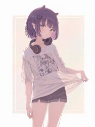 Rule 34 | 1girl, :&lt;, absurdres, animal ears, blue eyes, clothes pull, cropped legs, hair ornament, headphones, highres, hololive, hololive english, light blush, looking at viewer, medium hair, midori xu, mole, mole under eye, ninomae ina&#039;nis, ninomae ina&#039;nis (loungewear), official alternate costume, official alternate hairstyle, pointy ears, purple hair, purple shorts, see-through, see-through silhouette, shirt, shirt pull, short shorts, shorts, simple background, standing, virtual youtuber, white shirt