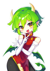 Rule 34 | 1girl, absurdres, black gloves, black pants, blush, brown eyes, china dress, chinese clothes, draco centauros, dragon girl, dragon horns, dragon tail, dragon wings, dress, elbow gloves, fang, gloves, green hair, highres, horns, looking at viewer, offbeat, open mouth, pants, pointy ears, puyopuyo, red dress, short hair, simple background, sleeveless, sleeveless dress, smile, solo, tail, v, white background, wings