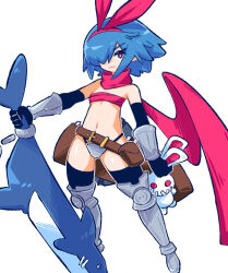 Rule 34 | 1girl, 3rf, :|, animal-themed weapon, animal ears, armor, armored boots, bare shoulders, belt, belt pouch, bikini armor, black eyeshadow, black gloves, black thighhighs, blue hair, blush, boots, bracer, breasts, closed mouth, commentary, disgaea, elbow gloves, expressionless, eyeshadow, fake animal ears, floating scarf, gloves, greaves, hair over one eye, hairband, highres, holding, holding stuffed toy, holding sword, holding weapon, loose belt, makeup, navel, nippon ichi, nose blush, outline, pleinair, pouch, rabbit ears, red eyes, red hairband, red scarf, red tube top, same-san, sarashi, scarf, sheath, short hair, sidelocks, simple background, small breasts, solo, standing, strapless, stuffed animal, stuffed rabbit, stuffed toy, sword, symbol-only commentary, thigh gap, thighhighs, tube top, usagi-san, v-shaped eyebrows, weapon, white background, white outline