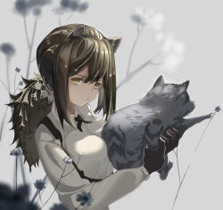 Rule 34 | 1girl, absurdres, animal, animal ears, animal hands, arknights, beancake, black gloves, closed mouth, commentary, cross tie, ear piercing, gloves, grey background, hair between eyes, hand up, highres, holding, holding animal, huge filesize, long hair, long sleeves, looking at viewer, parted lips, piercing, ponytail, pout, raccoon, raccoon ears, robin (arknights), shirt, solo, white shirt, yellow eyes