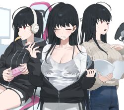 Rule 34 | 1girl, black hair, black jacket, black shorts, blue pants, blush, breasts, cleavage, collarbone, commentary, controller, english commentary, food, game controller, headphones, highres, holding, holding controller, holding game controller, hood (james x), jacket, korean commentary, large breasts, long hair, long sleeves, mixed-language commentary, mole, mole under eye, mouth hold, multiple views, open mouth, original, pants, parted lips, partially unzipped, playing games, red eyes, shirt, shorts, sitting, solo, teeth, voice actor, white shirt