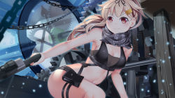 Rule 34 | 1girl, alternate costume, arknights, bare arms, bare shoulders, black ribbon, black shirt, black shorts, blonde hair, breasts, cleavage, closed mouth, cosplay, crop top, gun, hair flaps, hair ornament, hairclip, happy, holding, holding weapon, kantai collection, large breasts, long hair, looking at viewer, navel, ponytail, red eyes, ribbon, scarf, schwarz (arknights), schwarz (arknights) (cosplay), shirt, shorts, sleeveless, sleeveless shirt, smile, solo, stomach, thighs, weapon, yasume yukito, yuudachi (kancolle)