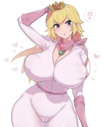 Rule 34 | 1girl, ?, absurdres, blonde hair, blue eyes, bodysuit, breasts, cameltoe, chestnut mouth, cleavage, cleft of venus, covered erect nipples, crown, curvy, eyelashes, female focus, highres, huge breasts, impossible clothes, long hair, looking at viewer, mario (series), mario kart, nintendo, no bra, patimon, pink bodysuit, princess peach, puffy nipples, shiny skin, skin tight, solo, the super mario bros. movie, thick thighs, thighs, white background, wide hips