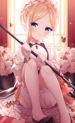 Rule 34 | 1girl, abigail williams (fate), abigail williams (festival outfit) (fate), animal, black dress, black footwear, bloomers, blue eyes, blush, bow, braid, bug, butterfly, butterfly hair ornament, commentary, curtains, dress, fate/grand order, fate (series), flower, forehead, hair ornament, head tilt, heroic spirit festival outfit, indoors, insect, keyhole, knees up, long hair, long sleeves, looking at viewer, official alternate costume, orange bow, parted bangs, pixiv id, rimuu, rose, shirt, shoes, sidelocks, sitting, sleeveless, sleeveless dress, sleeves past fingers, sleeves past wrists, solo, stuffed animal, stuffed toy, teddy bear, twitter username, underwear, very long hair, watermark, web address, white bloomers, white flower, white rose, white shirt, window