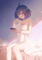 Rule 34 | 1girl, ahoge, bare arms, bare shoulders, blue eyes, blue hair, caisena, cellphone, commentary request, dress, feet out of frame, highres, holding, holding phone, honkai (series), honkai impact 3rd, phone, seele vollerei, short dress, short hair, sitting, smartphone, solo, strapless, strapless dress