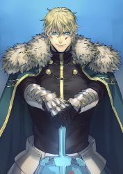 Rule 34 | 1boy, armor, bad id, bad twitter id, blonde hair, blood, blue background, blue eyes, cape, fate/grand order, fate (series), fur trim, gawain (fate), gawain (fate), gloves, holding, holding weapon, looking at viewer, male focus, smile, sword, upper body, weapon, yukiyago
