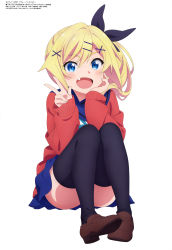 Rule 34 | 1girl, absurdres, black thighhighs, blonde hair, blue eyes, blue skirt, clothes lift, copyright name, fang, highres, loafers, megami magazine, nukui hayu, ochikobore fruit tart, official art, scan, school uniform, shoes, simple background, sitting, skirt, skirt lift, sweater, thick eyebrows, thighhighs, tsujikami ayaka, w, white background, white footwear, zettai ryouiki