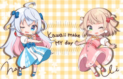 Rule 34 | 2girls, :d, ;d, ahoge, artist self-insert, belt, blonde hair, blue bow, blue eyes, blue footwear, blush stickers, bow, braid, buttons, chibi, colored inner hair, commentary request, crossed bangs, dot nose, dress, earrings, english text, fang, full body, gingham, gingham background, green eyes, grey hair, hair between eyes, hair bow, heart, high belt, highres, indie virtual youtuber, jewelry, kagura nana, light brown hair, long hair, multicolored hair, multiple girls, neck ribbon, official art, one eye closed, open mouth, outstretched arms, pink hair, pom pom (clothes), puffy short sleeves, puffy sleeves, red bow, red footwear, red pepper earrings, ribbon, shigure ui, shigure ui (vtuber), shirt, shoes, short hair, short sleeves, signature, skin fang, smile, standing, standing on one leg, two side up, very long hair, virtual youtuber, waist bow, white shirt, yellow bow, yellow neckwear