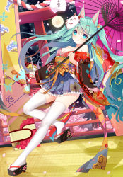 Rule 34 | 1girl, absurdres, animal ears, bare shoulders, blue skirt, blush, breasts, c:, clog sandals, closed mouth, floating hair, fox ears, fox mask, full moon, geta, hair between eyes, han&#039;eri, hatsune miku, high heels, highres, holding, holding umbrella, japanese clothes, jyt, kimono, long hair, looking at viewer, mask, mask on head, medium breasts, moon, obi, oil-paper umbrella, petals, platform clogs, platform footwear, pleated skirt, red kimono, rope, sandals, sash, shimenawa, shrine, skirt, smile, solo, thighhighs, thighs, torii, two side up, umbrella, very long hair, vocaloid, white thighhighs, wide sleeves, zouri