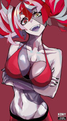 Rule 34 | 1girl, absurdres, alternate breast size, arms under breasts, artist name, bare shoulders, bikini, black nails, breast hold, breasts, collarbone, commentary, crazy smile, crossed arms, diamond-shaped pupils, diamond (shape), double bun, english commentary, evil smile, hair bun, head tilt, heterochromia, highres, hololive, hololive indonesia, kureiji ollie, large breasts, looking at viewer, medium hair, mismatched pupils, multicolored hair, navel, nkonya, patchwork skin, red background, red bikini, red eyes, red hair, sharp teeth, simple background, smile, solo, stitched face, stitches, stomach, swimsuit, symbol-shaped pupils, teeth, twitter username, two-tone hair, underwear, underwear only, upper body, virtual youtuber, watermark, white hair, x-shaped pupils, yellow eyes, zombie