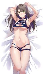 Rule 34 | 1girl, armpits, arms up, bad id, bad pixiv id, bare arms, bare shoulders, barefoot, bed sheet, bikini, blue bikini, blue choker, blush, breasts, breasts apart, brown hair, cherim, choker, closed mouth, green eyes, groin, highres, knee up, long hair, looking at viewer, lying, meme attire, mole, mole on breast, mole on thigh, mole under eye, navel, on back, original, sidelocks, small breasts, solo, stomach, swimsuit, thighs