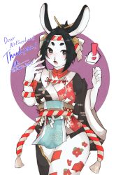 Rule 34 | !, 1girl, absurdres, animal ears, animal nose, artist name, bell, black eyes, black hair, blush, english text, eyebrows, furry, furry female, hair ornament, hair stick, heart, highres, japanese clothes, jingle bell, kuto nono, looking at viewer, matching hair/eyes, multicolored clothes, nofacelord, open mouth, original, rabbit, rabbit ears, rabbit girl, rabbit le0121, simple background, solo, standing, thick eyebrows, white fur