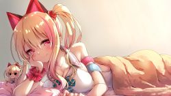 Rule 34 | .live, absurdres, animal ears, armband, backless outfit, bare shoulders, blanket, blonde hair, breasts, cleavage, darjeeling (reley), fake animal ears, hairband, head rest, highres, large breasts, lying, multicolored hair, nekonoki mochi, on bed, on stomach, red eyes, red hairband, side ponytail, sidelocks, smile, virtual youtuber, wristband