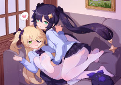 Rule 34 | 2girls, absurdres, blonde hair, blue sweater, blush, bow, bowtie, commentary request, couch, eyepatch, feet, fischl (genshin impact), full body, genshin impact, girl on top, green eyes, hair between eyes, hair bow, hair ribbon, heart, highres, long hair, long sleeves, looking at viewer, lying, mona (genshin impact), multiple girls, on back, on couch, pantyhose, parted lips, plaid, plaid skirt, purple bow, purple bowtie, purple hair, purple skirt, resolution mismatch, ribbon, skirt, sleeveless, source smaller, spoken heart, stuffed animal, stuffed bird, stuffed toy, sweater, thighband pantyhose, tsubasa tsubasa, twintails, two side up, very long hair, white pantyhose