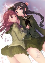 Rule 34 | 10s, 2girls, arm up, black eyes, black hair, brown eyes, brown hair, cherry blossoms, kantai collection, kitakami (kancolle), lying, multiple girls, occhan (11715), on back, on side, ooi (kancolle), parted lips, petals, pleated skirt, school uniform, skirt