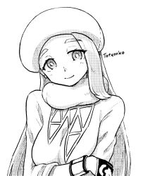 Rule 34 | 1girl, artist name, breasts, bright pupils, creatures (company), crossed arms, dynamax band, earrings, eyelashes, fur hat, game freak, gloves, greyscale, gym leader, hat, head tilt, jewelry, large breasts, long hair, long sleeves, looking at viewer, melony (pokemon), monochrome, nintendo, pokemon, pokemon swsh, scarf, simple background, smile, solo, sweater, thick eyebrows, totennko, upper body, white background