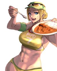 Rule 34 | 1girl, 6maker, abs, armband, baseball cap, bikini, blonde hair, blue eyes, breasts, curry, curry rice, eyewear on head, fingernails, food, food on face, hair bun, hat, highres, large breasts, looking at viewer, lucia morgan, muscular, muscular female, navel, official alternate costume, open mouth, parted hair, rice, short hair, sidelighting, single hair bun, solo, street fighter, street fighter v, sunglasses, swimsuit, tankini, updo, white background, yellow bikini